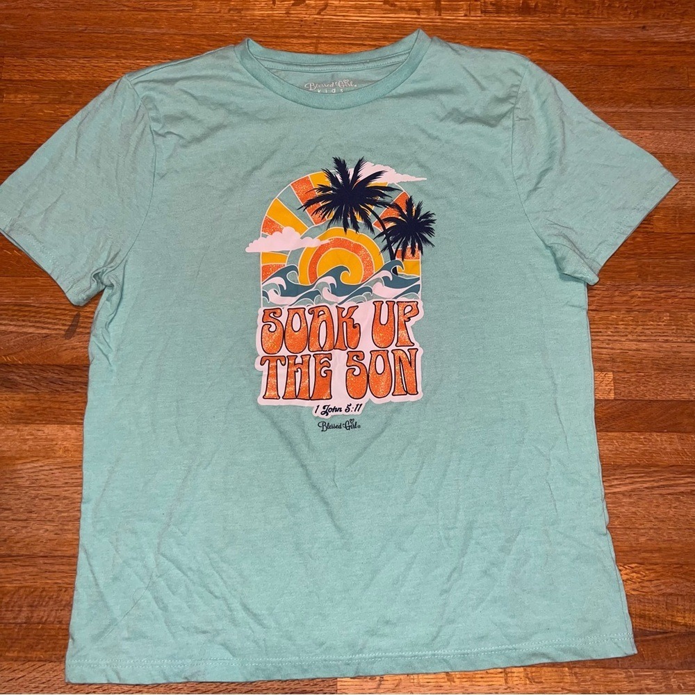 Blessed Girl Kids XL Mint Green 'Soak Up The Son' Graphic Beach Tropical T-Shirt